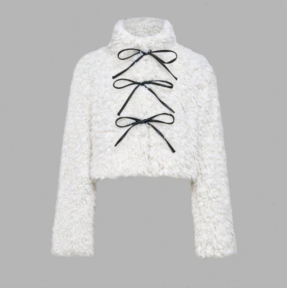 Tie-Front Bow Detail Fluffy Bomber Jacket, Winter Coat,White Coat - Picture 1 of 5